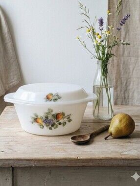 Vintage Arcopal France Casserole Dish – Fruit Motif – Cottagecore Kitchen Decor